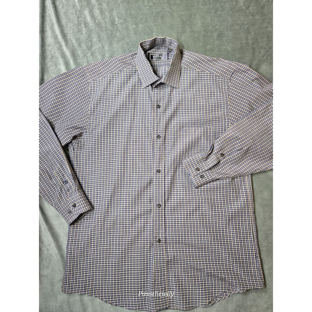 Versace Shirt Mens Large Plaid Logo Long Sleeve Button Up Classic V2 16/32